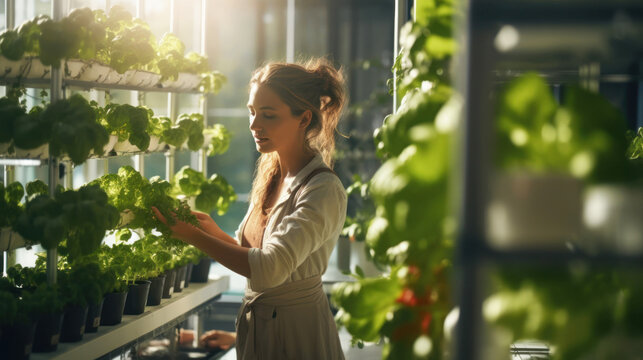 A caucasian woman agronomist analyze organic vegetables. Hydroponics and Vertical farming concept. Versatile crop selection. Flexibility in challenging environments. Copy space. Banner. Generative AI