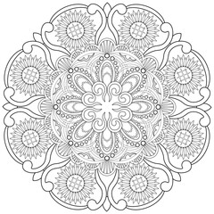 Colouring page, hand drawn, vector. Mandala 177, ethnic, swirl pattern, object isolated on white background.