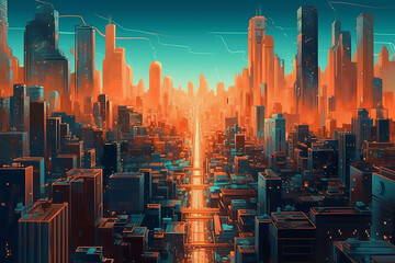 Obraz premium New York golden hour cyberpunk cityscape, printable.