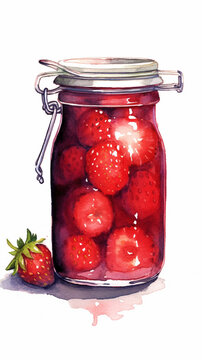 Jam with strawberry and berries. Watercolor in vintage style  ai generative
