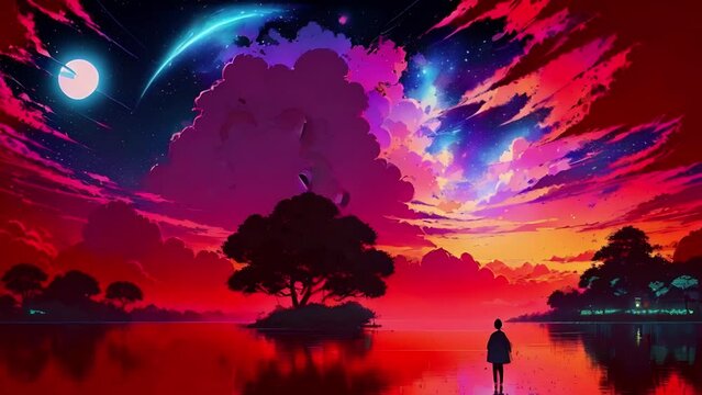 Fantasy world with red gradient sunset. Futuristic cosmic animation, night panorama with a big planet on the horizon. AI generated cosmic animation with image transformations