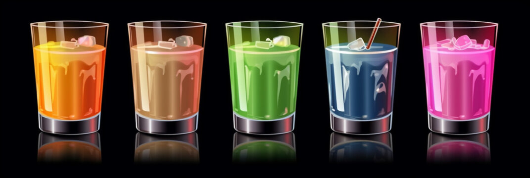 5 leuchtende Cocktails / Drinks in Neonfarben mit dunklem Hintergrund. Querformat. Generative Ai.