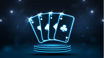 Neon bright poker cards on the podium. The concept for Casino on a dark blue background. - obrazy, fototapety, plakaty