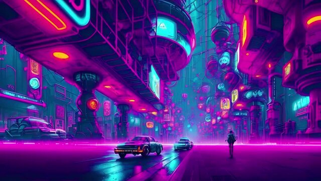 Cyberpunk cityscape in neon style. Cyberpunk metropolis with futuristic technologies, cars, buildings and peoples at night. Futuristic animation with transformations. AI generated cinematic video