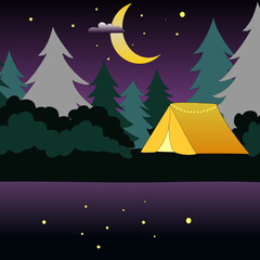 Camping at night in yellow tent with lake and boat, trees and purple starry sky.