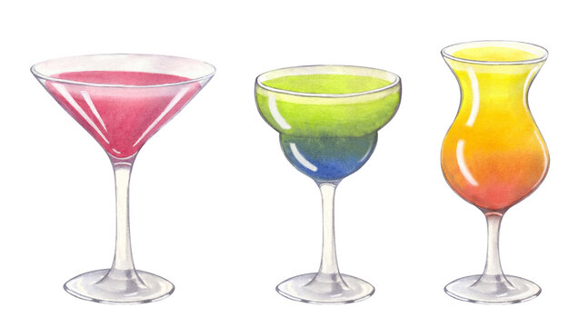 Different beach tropical alcohol cocktail. Martini Mojito drink. Hand-drawn watercolor illustration on white background. Design element