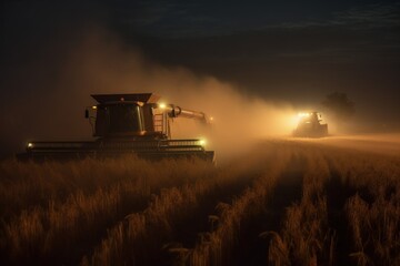 Naklejka premium Harvesting after planting at the end of the growing season. Workers gather ripe produce. Soybean wheat corn sunflowers. Tractor and combine harvester.Farm equipment and farming machine. Generative AI.