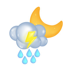 3d icon with weather conception. The moon, the glacier and the rain with lightning. Night rainy weather. Vector illustration.
