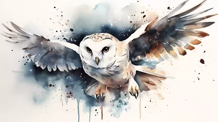 Abwaschbare Fototapete Eulen-Cartoons Hedwig White Owl Aquarell Hand Painted Fan Animal Gift Magical Harry Potter AI Generated