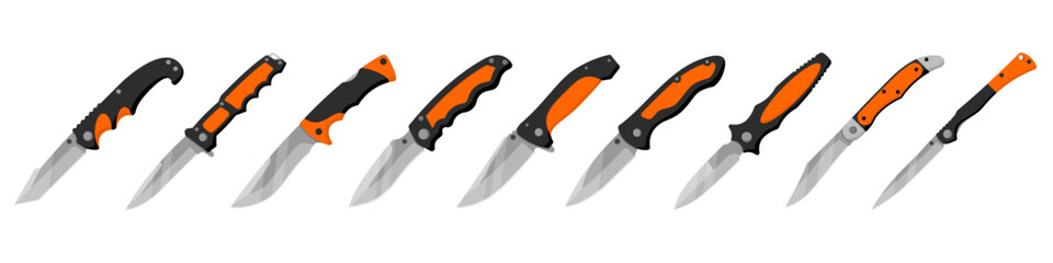 Jackknife knife. Set of folding knives isolated on white background. Vector illustration.