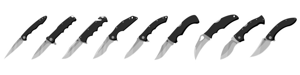 Obraz premium Jackknife knife. Set of folding knives isolated on white background. Vector illustration.