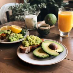 Tasty breakfast with avocado toast and orange juice  Generative AI