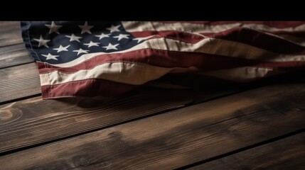 star striped flag of the USA on rough dark wooden surface with blank space for text. Generative AI