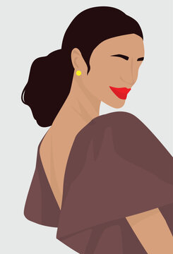 Vector flat image of a young attractive lady in a dress with red lips. Design for avatars, posters, backgrounds, templates, banners, textiles, postcards.