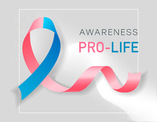 Breast cancer concept. International holiday october month. Pink and blue ribbon next to text. Health care and prevention, regular check ups. Realistic flat vector illustration