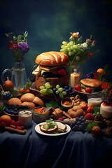 Obraz na płótnie Canvas Table with vegetables, fruits, and bread- Generative AI
