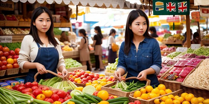 Young asian woman with reusable bag doing shopping in plastic free store. Minimalist vegan style girl buying groceries without plastic packaging in zero waste shop. Low waste lifestyle. Generative AI