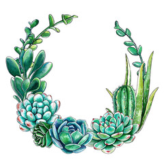Bright wreath of cacti and succulents. Watercolor hand drawn illustration of succulents. Can be used for wedding cards and invitations, mother's day and birthday cards.