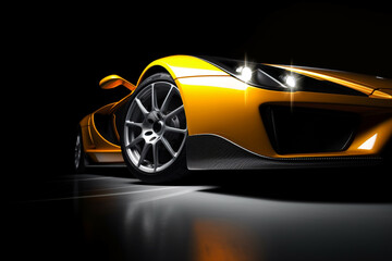 Obraz na płótnie Canvas yellow generic sports car in a dark studio background illustrated with generative AI