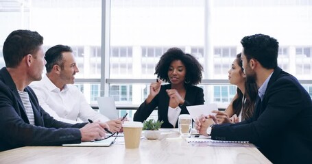 Business people, woman and manager in meeting, discussion and corporate planning in office. Executive management, team and employees talking in collaboration, seminar and brainstorming in boardroom - Powered by Adobe