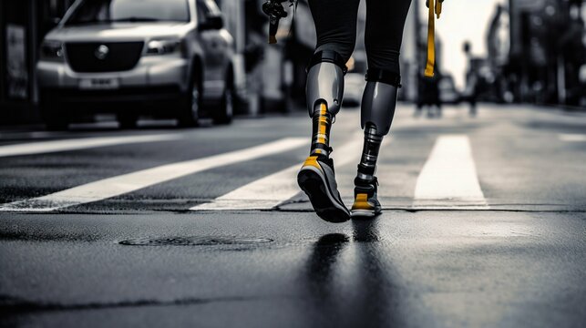 Female legs with bionic prosthesis walking down the street. Generative AI
