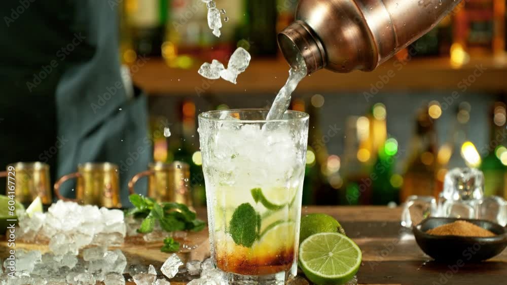 Aufkleber super slow motion of preparing mojito drink with speed motion. filmed on high speed cinema camera, 1
