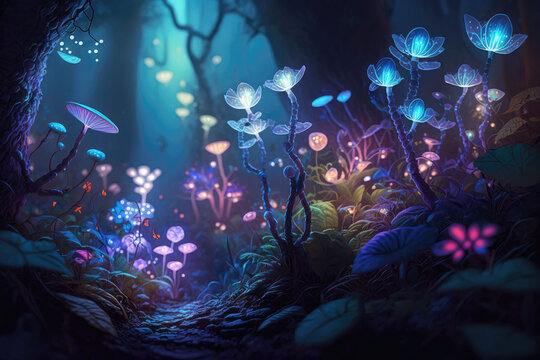 Fairy-tale glowing plants in the forest, AI generated