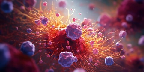 3d illustration of cancer cells. Cancer disease concept. Many cancer tumors.  Generative AI - obrazy, fototapety, plakaty