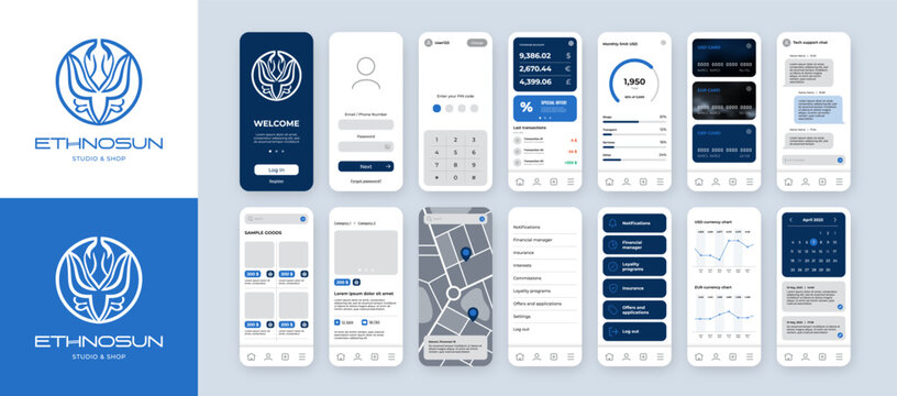 UI UX design template. User interface template for mobile application. Blue colors and minimal style logo.
