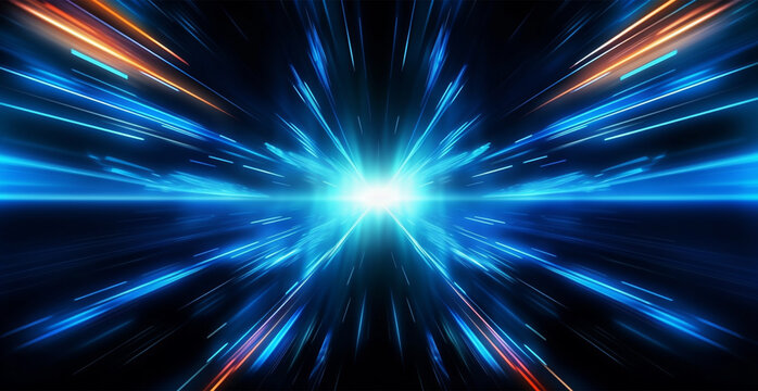 Blue neon spotlight light, panoramic abstract background - AI generated image