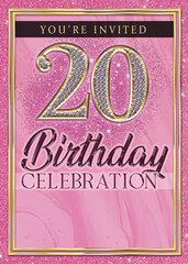 Obraz premium 20th Pink and Gold Birthday Celebration Invitation Template Design
