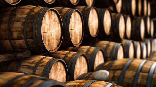 Close-up of a stack of whisky Barrels. Generative AI