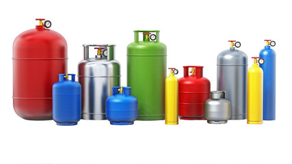 Multi-colored gas cylinders isolated on transparent background. 3D illustration