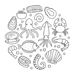 Seafood doodle set.  Octopus, fish, shrimp, oysters, crab, squid in sketch style. Hand drawn vector illustration isolated on white background