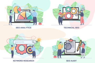 Naklejka premium Set of design templates for SEO business composition with people characters. Modern vector illustration concepts. perfect for web design, banner, mobile app, landing page.