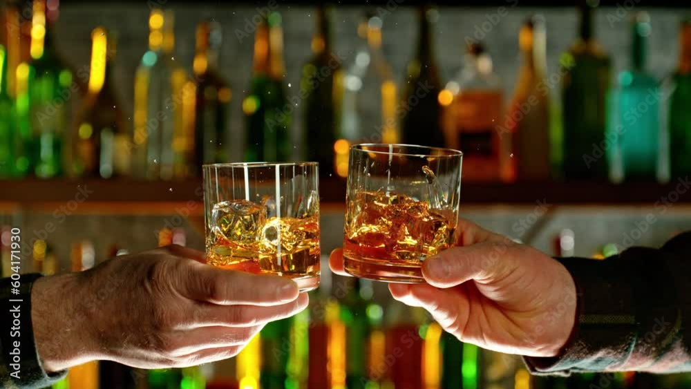 Poster super slow motion of cheering cognac drinks in bar. filmed on high speed cinema camera, 1000 fps. ba