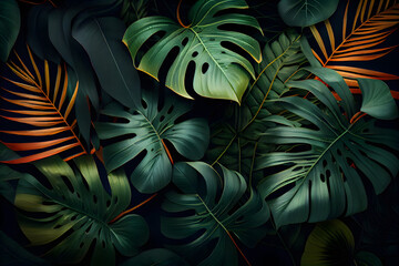 Creative layout made of tropical leaves on black background. Flat lay, top view, AI Generative