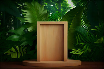 wood podium for product display with forest background. AI Generative