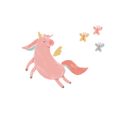 Unicorn with butterflies illustration - cute drawing of magic animal in fly with butterfly