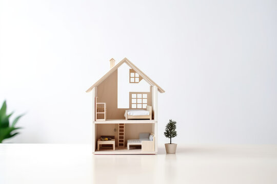 A dollhouse against a white wall background with copy space for text. Miniature toy house with tiny cute furniture on wooden table, front view. Generative AI photo imitation.