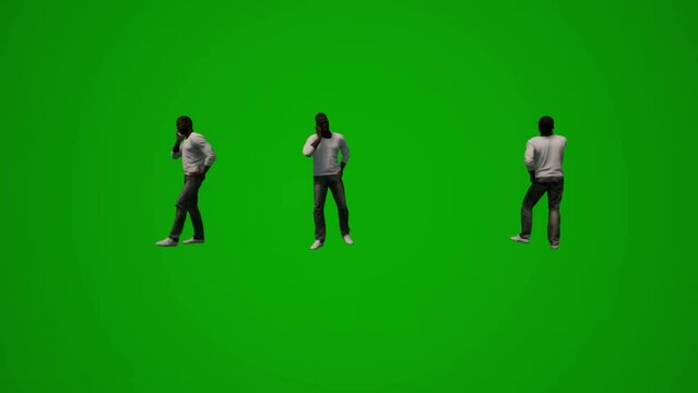 black American man on green screen talking on the phone and checking mobile and walking