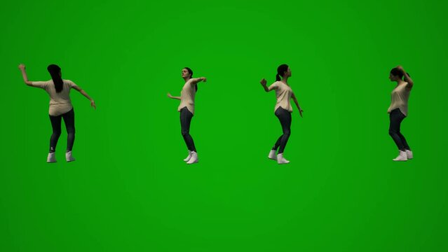 3D young American woman on green screen celebrating and dancing in several different animated angles render animation 