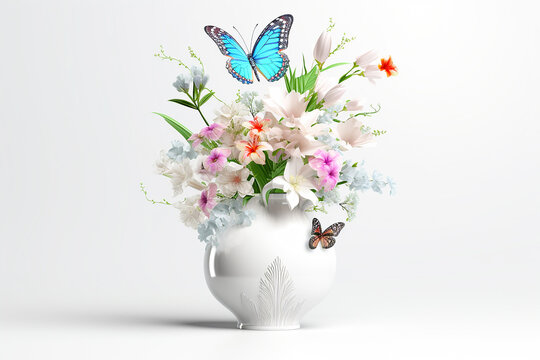 Meadow flowers in the vase in spring. Easter and spring concept. AI generated image..