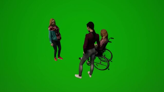 3D of several wheelchair woman and tow  women on green screen talking and waiting in the cafe render animation 