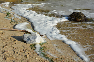 Sea pollution, big quantity of sea foam on the shore