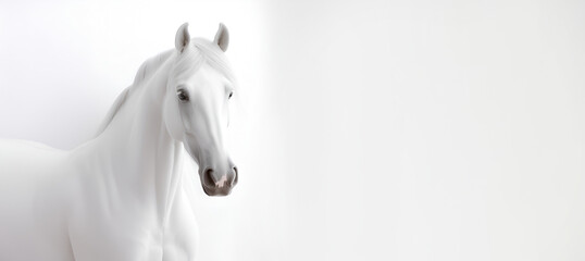 Obraz na płótnie Canvas White horse on white background banner. Generative AI