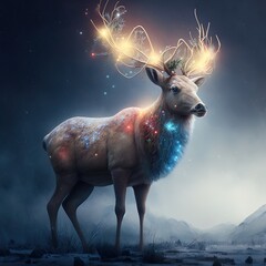 christmas card with deer, fairy lights in the antlers. Generative AI.