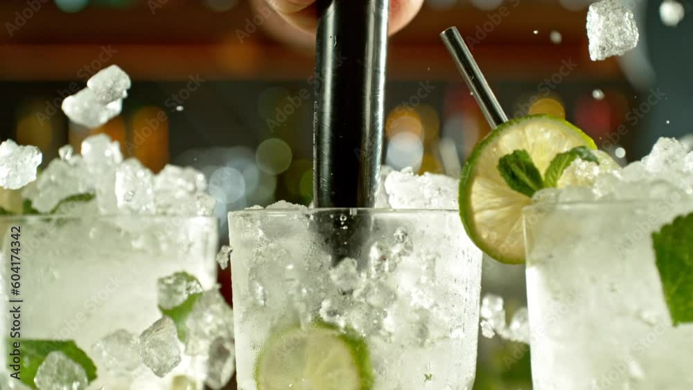 Aufkleber super slow motion of preparing mojito drinks with speed motion. filmed on high speed cinema camera, 