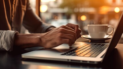 Close-up of a person's hands working on a laptop with a coffee cup in the background in a cafe.
