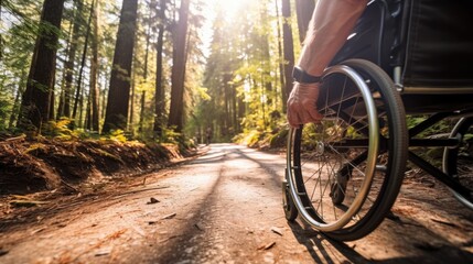 Close-up of a person's hand maneuvering a wheelchair along a forest trail.
